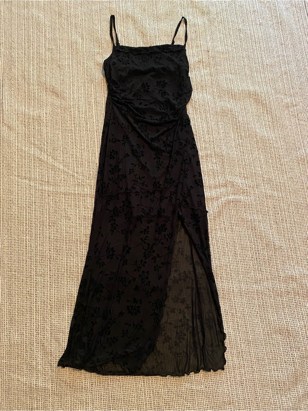 Black Floral Maxi Slip Dress with Side Slit